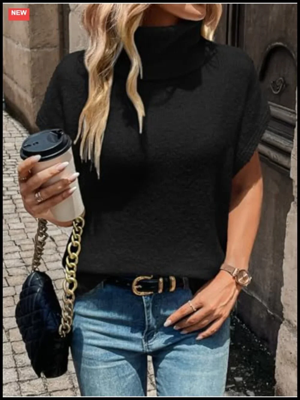 Women's Turtleneck Cap Sleeve Sweater Vest Pullover Oversized Knit Top